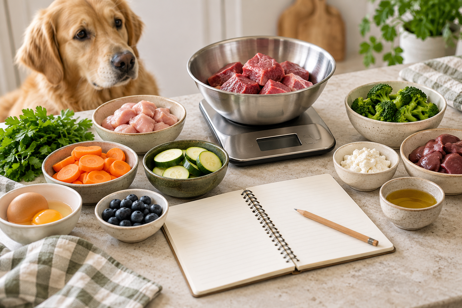 Báscula de cocina, ingredientes separados y cuaderno para planificar la alimentación