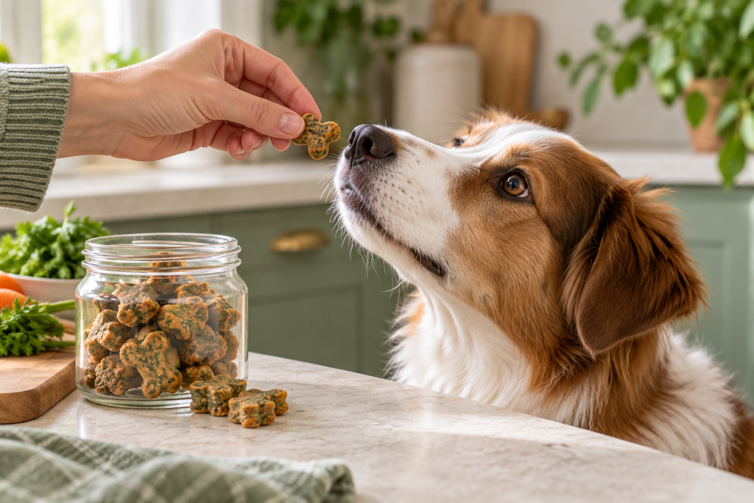 Un perro recibe un pequeño premio junto a un tarro de snacks