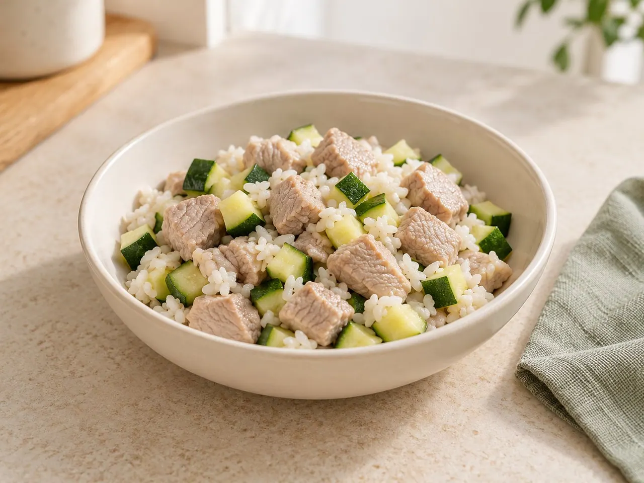 Imagen ilustrativa de cerdo magro con arroz y calabacín