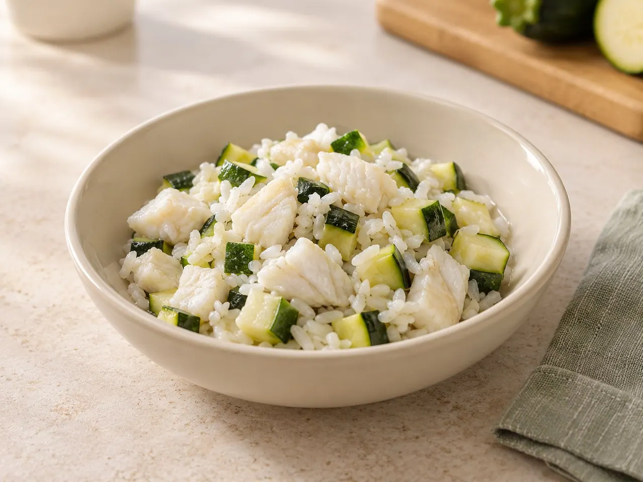 Imagen ilustrativa de merluza con arroz y calabacín