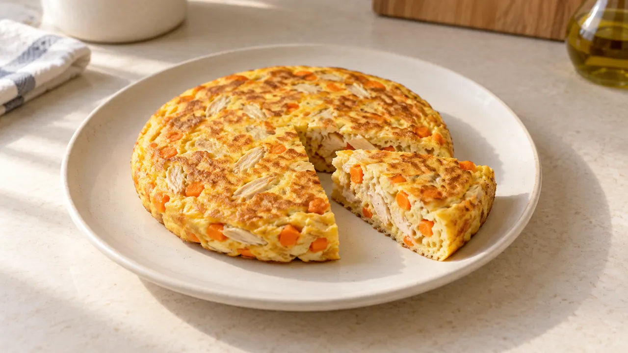 Ilustración realista de una tortilla de pollo y zanahoria, con una porción cortada
