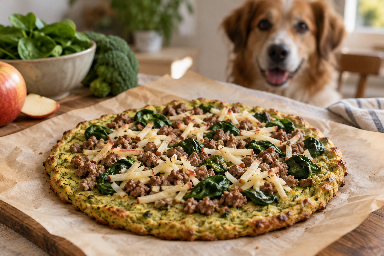 Pizza pequeña de base de brócoli con ternera cocinada y manzana rallada