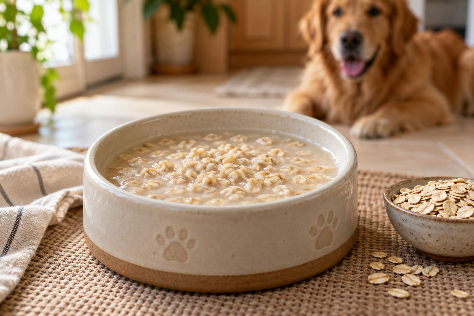 Cuenco de sopa de avena cocida con agua para perros