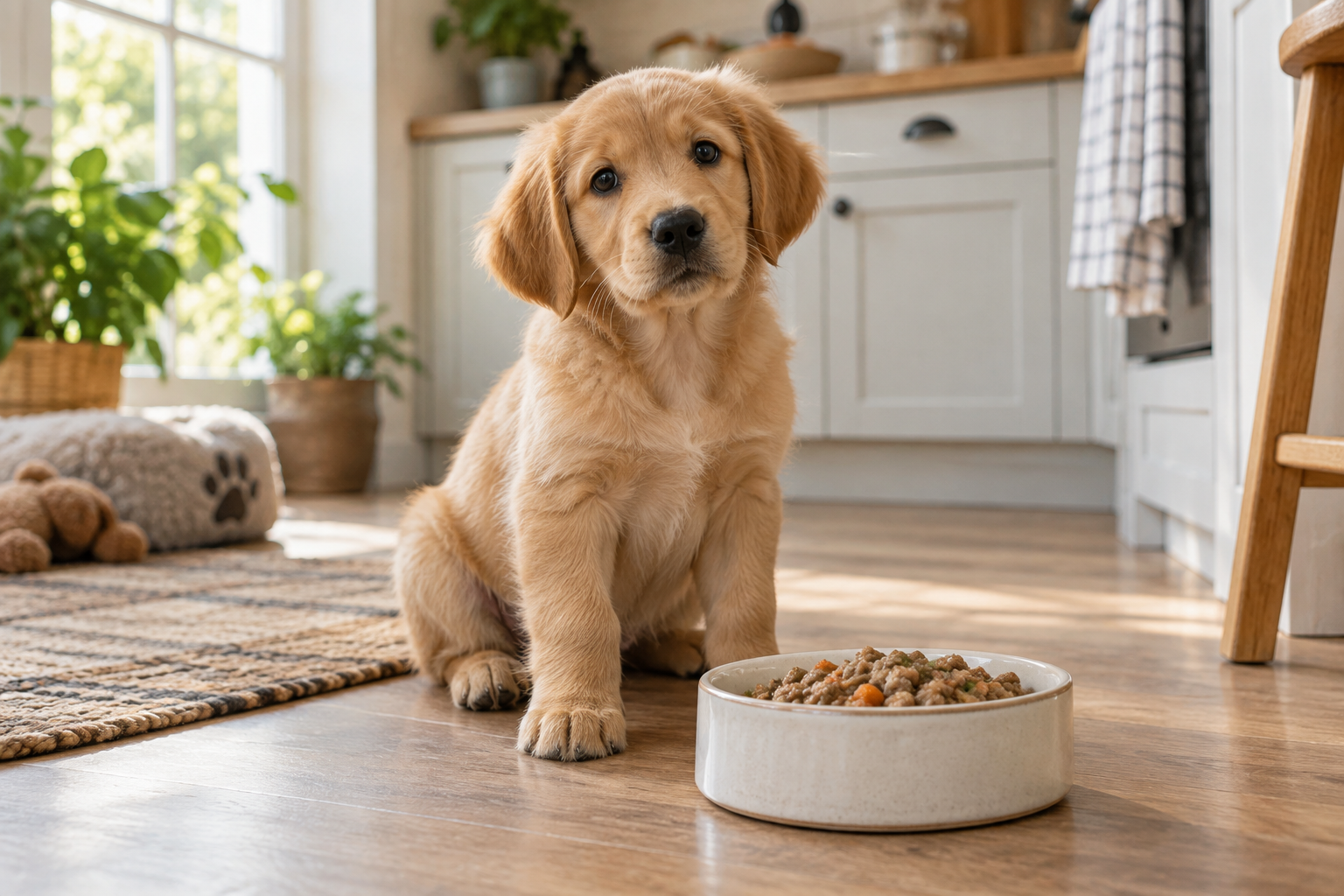 Cachorro junto a un cuenco con alimento humedecido