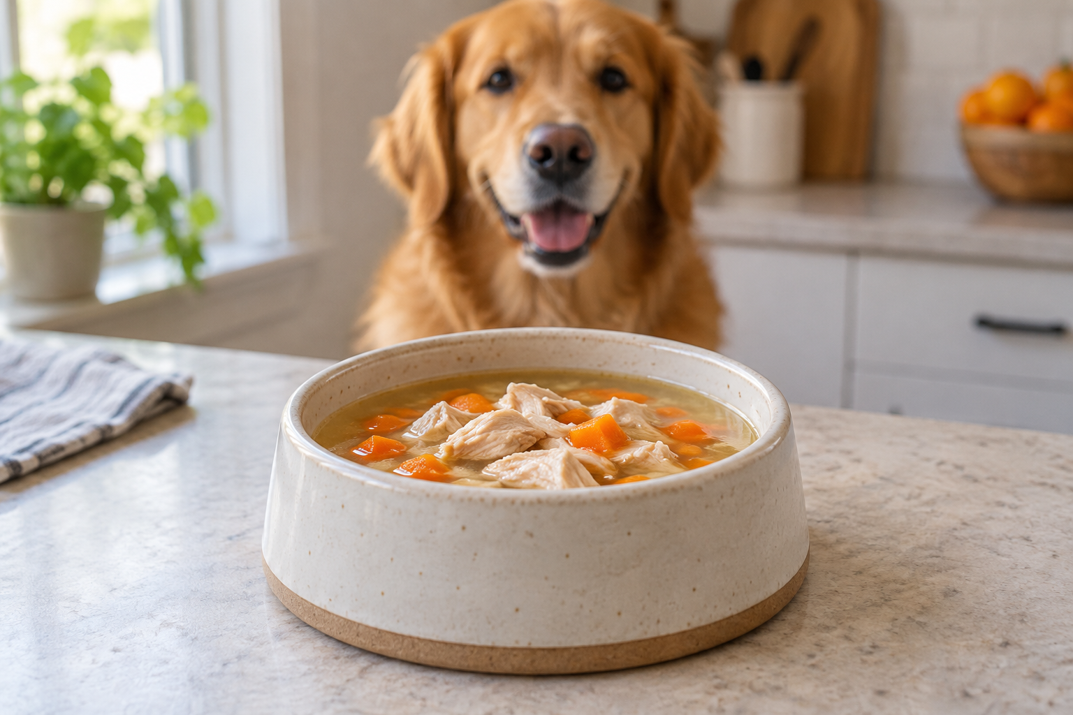 Cuenco de sopa de pollo cocinado con zanahoria para perros